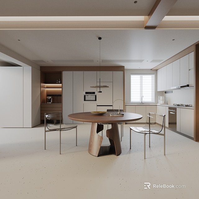 Modern Dining Table Set In Kitchen With Round Wooden Top And Metal Chairs Interior Design 3d model 