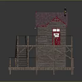 Two Story Wooden House With Red Doors And Windows And Staircase On Elevated Wooden Deck