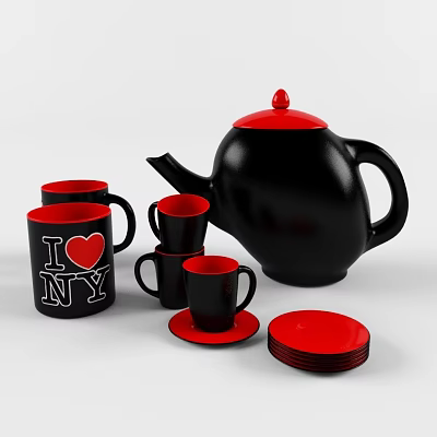 Black Red Tableware Set With Teapot Mugs I Love NY Design Coasters And Plates 3d model