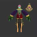 3D Character With Detailed Red Armor Purple Hair Fluffy Arms Mechanical Legs And Creature Helmet