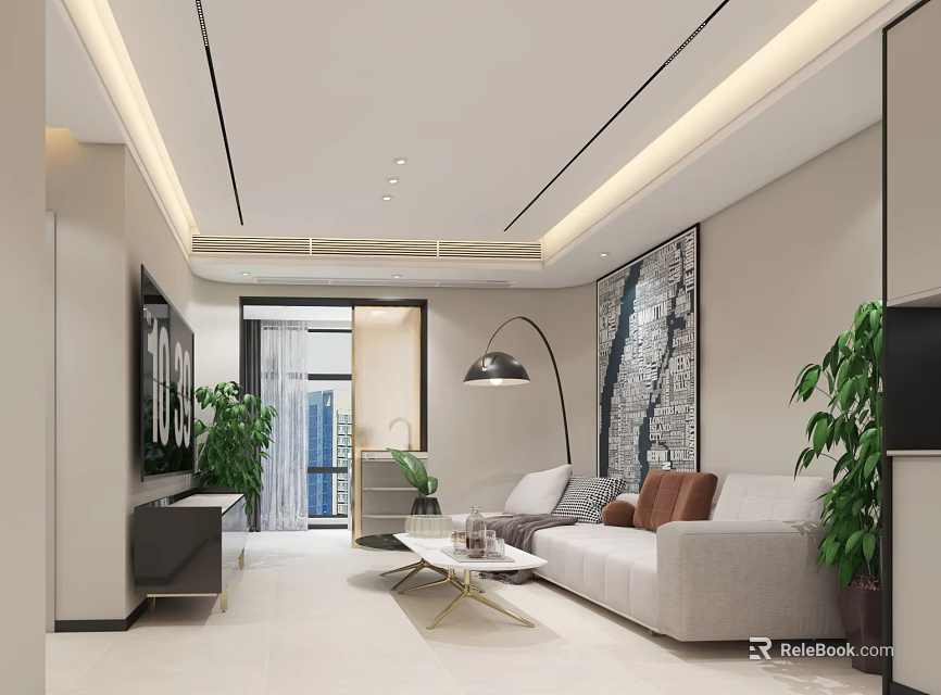 Modern Living Dining Room Interior With Sofa Coffee Table Floor Lamp And Wall Art 3d model 