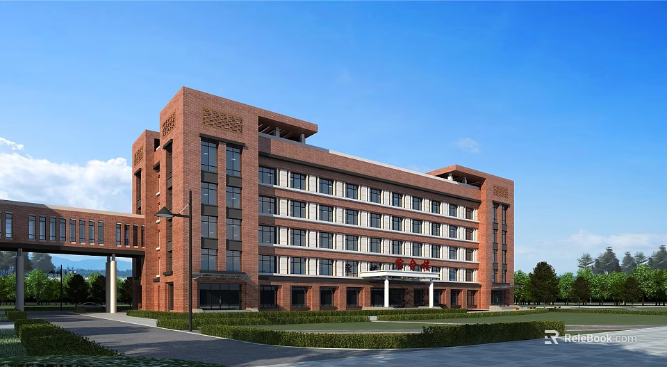 Multi Story Red Brick School Building Modern Exterior With Blue Sky And Front Lawn 3d model 