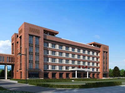 Multi Story Red Brick School Building Modern Exterior With Blue Sky And Front Lawn 3d model