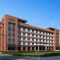 Multi Story Red Brick School Building Modern Exterior With Blue Sky And Front Lawn