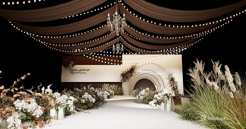 Elegant Banquet Hall Interior With Decorative Lights Flower Arrangements And Archway Design 3d model 