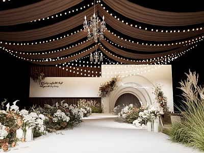 Elegant Banquet Hall Interior With Decorative Lights Flower Arrangements And Archway Design 3d model
