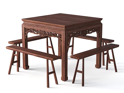 Solid Wood Square Tea Table and Chairs with Carved Design and Matching Benches 3d model