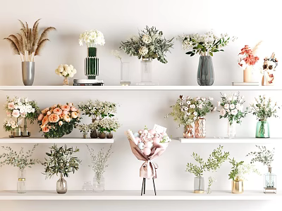 Decorative Ornament Arrangement With Various Vases Flower Bouquets And Green Plants On White Shelves 3d model