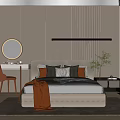 Modern Bedroom Interior With Gray Bedding Orange Chair Round Mirror And Wardrobe