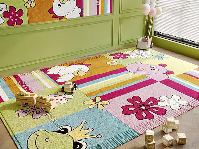 Colorful Square Rug With Cartoon Patterns And Toys For Kids Playroom 3d model