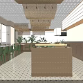 Modern Restaurant Interior With Wooden Lattice Counter Green Chairs Pendant Lights And Colorful Tiled Floor