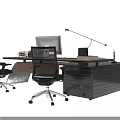 Modern Black Office Desk With Drawer Storage Monitor Desk Lamp And Ergonomic Chairs