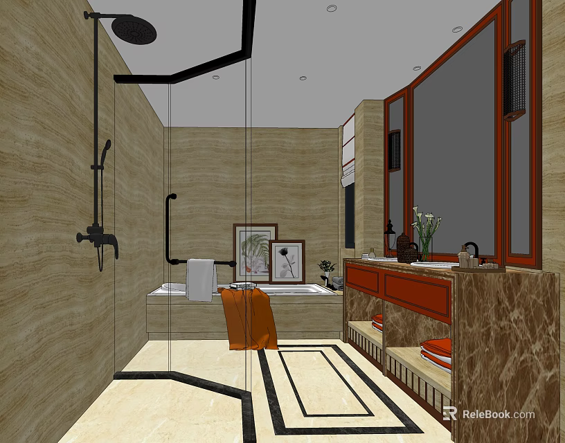 Modern Hotel Bathroom Interior With Glass Shower Bathtub Marble Countertop And Wooden Vanity 3d model 