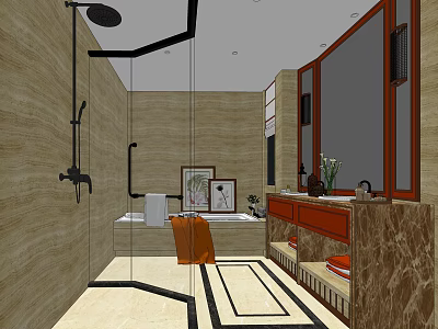 Modern Hotel Bathroom Interior With Glass Shower Bathtub Marble Countertop And Wooden Vanity 3d model