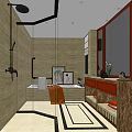 Modern Hotel Bathroom Interior With Glass Shower Bathtub Marble Countertop And Wooden Vanity