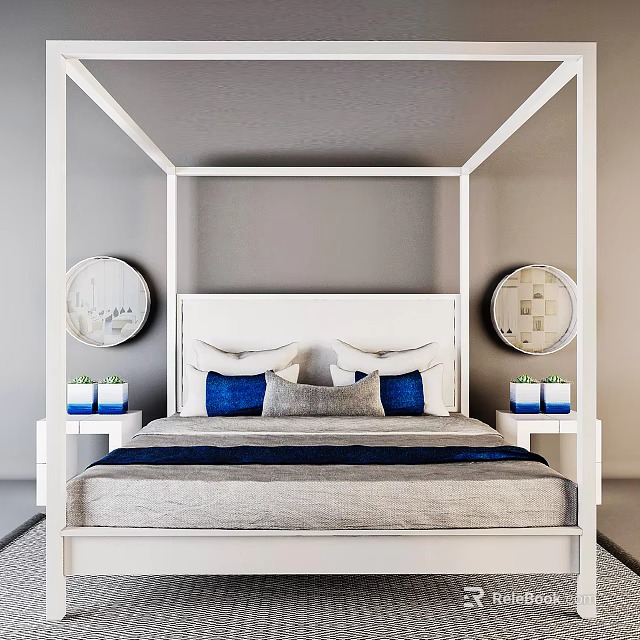Four Poster Double Bed With White Headboard Blue Gray Pillows Nightstands Green Plants And Round Mirrored Decor 3d model 