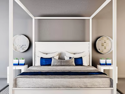 Four Poster Double Bed With White Headboard Blue Gray Pillows Nightstands Green Plants And Round Mirrored Decor 3d model