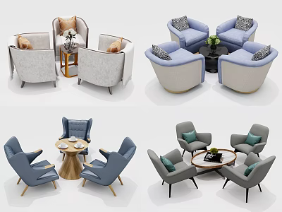 Modern Table Chair Set With Blue Gray Beige Upholstered Seats Wooden Legs and Cushions 3d model