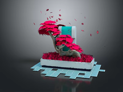 Vibrant Cartoon Scene With Pink Tree Falling Leaves White Base Pink Grass Blue Square Ground 3d model
