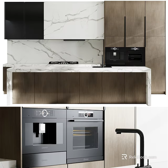 Modern Kitchen Interior With Marble Island Countertop Dark Wooden Cabinets Oven And Coffee Maker 3d model 
