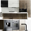 Modern Kitchen Interior With Marble Island Countertop Dark Wooden Cabinets Oven And Coffee Maker