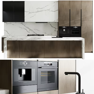 Modern Kitchen Interior With Marble Island Countertop Dark Wooden Cabinets Oven And Coffee Maker 3d model