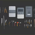 Various Weapons Collection with Knives Tools and Pliers Arranged on Black Reflective Background
