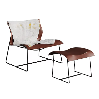Brown Accent Chair with Metal Frame and White Blanket and Matching Ottoman 3d model