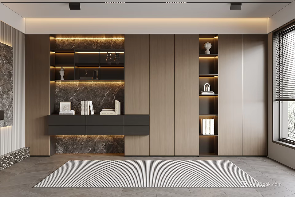 Modern Wooden Bookcase Design With Layered Shelves Drawer And Marble Backdrop Decor 3d model 