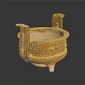 Ancient Ceramic Tripod Cauldron With Carved Patterns And Two Handles