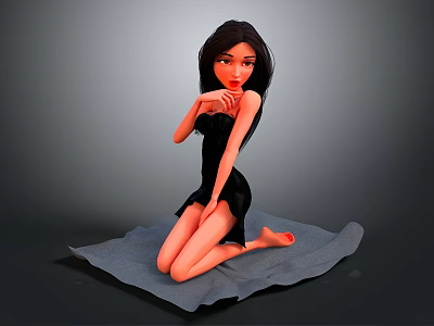 Game and Movie Character In Black Dress With Long Black Hair Kneeling On Gray Mat 3d model