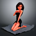 Game and Movie Character In Black Dress With Long Black Hair Kneeling On Gray Mat