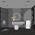 Modern Black Bathroom Interior Design With Round Mirror Marble Vanity And Bathtub