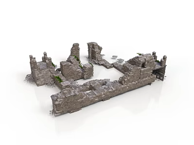Ancient Stone Architectural Components Of Ruins 3D Model With Broken Walls And Stone Blocks 3d model
