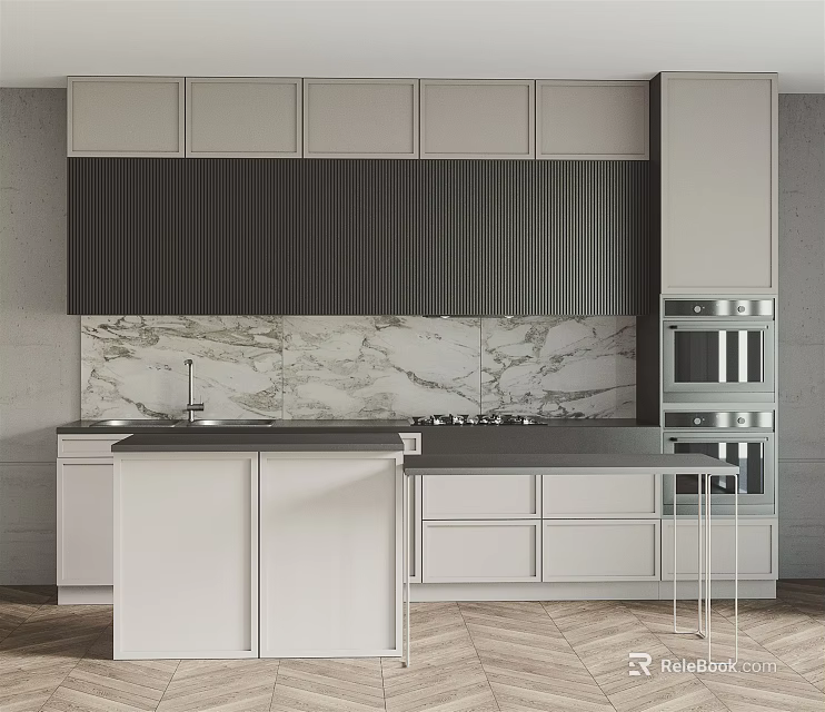 Modern Kitchen Interior With White Cabinets Marble Countertop And Built In Ovens 3d model 