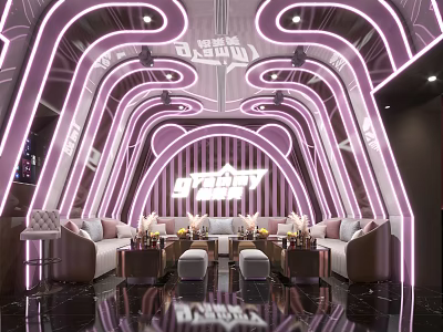 Modern KTV Interior Design With Neon Lights Comfortable Sofas Bar Counter And Letter Wall 3d model