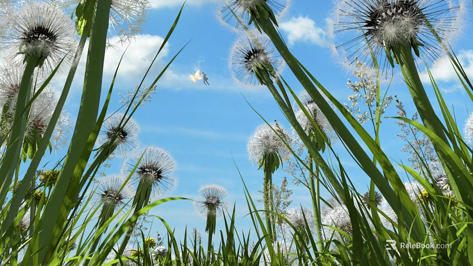 Blooming Dandelions in Green Grass Under Blue Sky with Flying Butterfly 3d model 
