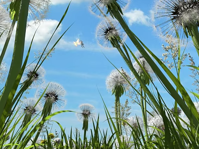 Blooming Dandelions in Green Grass Under Blue Sky with Flying Butterfly 3d model