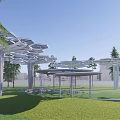 Modern Landscape Pavilion With Hexagonal Structure In Green Grassland And Trees 3d model