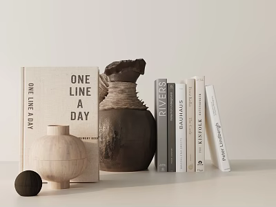 Tabletop Decorative Ornament Set with Clay Jar Wooden Vase Books and Black Sphere 3d model