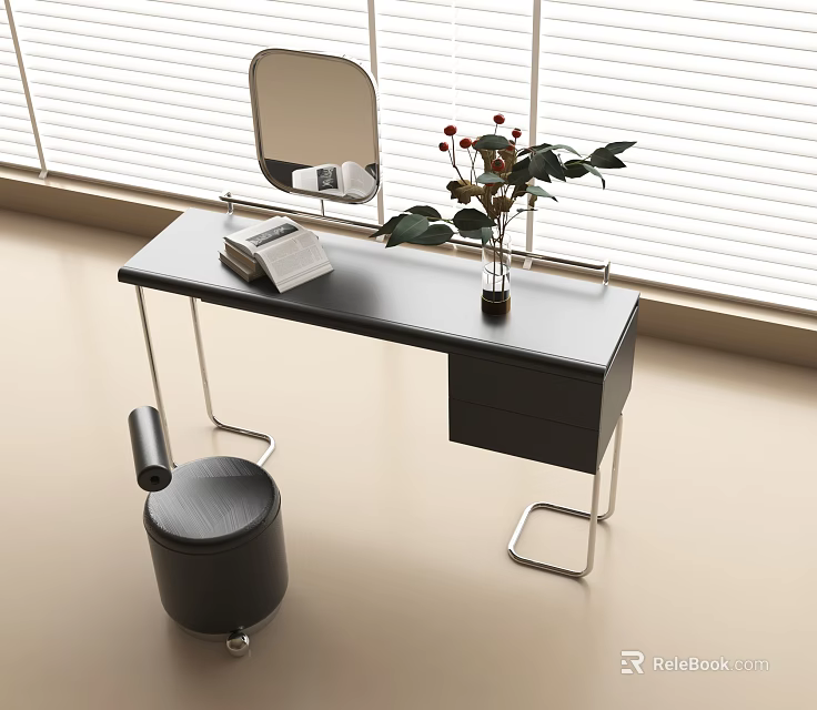 Modern Dressing Table With Mirror Phone Book Flower Vase And Black Stool 3d model 