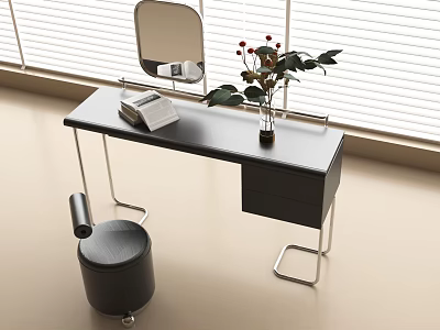 Modern Dressing Table With Mirror Phone Book Flower Vase And Black Stool 3d model