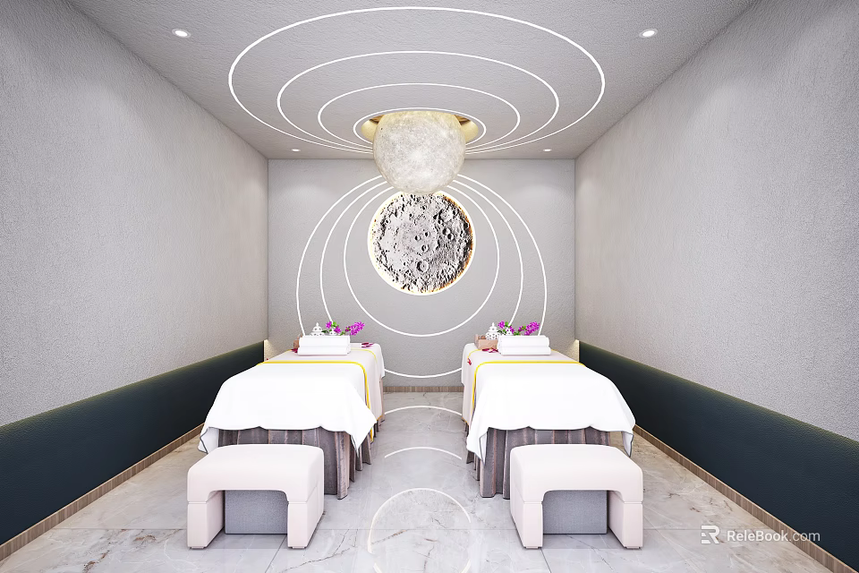 SPA Sauna Interior Design With Two Massage Beds Circular Lighting And Marble Floor 3d model 