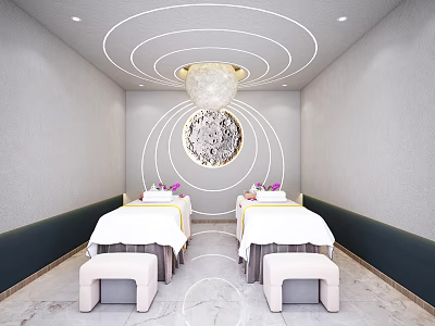 SPA Sauna Interior Design With Two Massage Beds Circular Lighting And Marble Floor 3d model