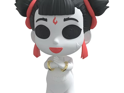 Cute Cartoon Doll With Double Bun Hairstyle Red Ribbons And Golden Bracelets 3d model