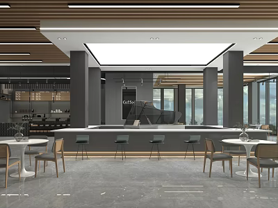 Modern Café Interior With Open Design Wooden Ceiling Bar Counter And Large Windows 3d model
