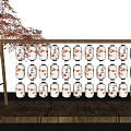 Traditional White Lanterns With Red Fish Patterns On Wooden Stand Under Blue Sky 3d model