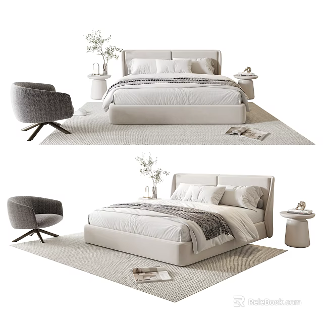 Modern Minimalist Double Bed with Gray Chair Bedside Table Vase and Magazines on Rug 3d model 