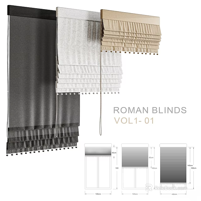 Stylish Roman Blinds In Gray Beige White With Pleated Layered Design For Home Decor 3d model 