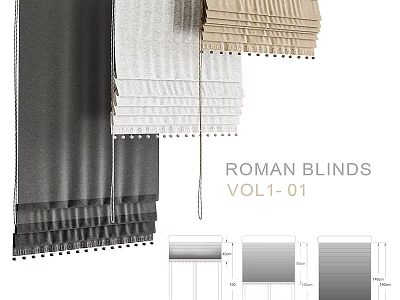 Stylish Roman Blinds In Gray Beige White With Pleated Layered Design For Home Decor 3d model